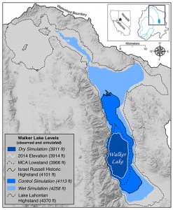 Courtesy of Douglas P. Boyle Simulations of Walker Lake’s levels mapped against the 2014 elevation, its most recent highstand in the 1800s and the Medieval lowstand. The control simulation signifies where the lake level would be without agricultural activities consuming so much water upstream.Click on image to enlarge.