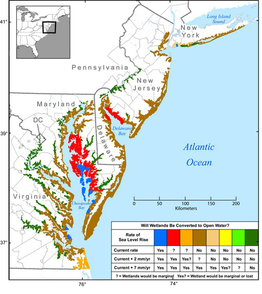 Coastal Sensitivity to Sea-level Rise Report/EPA  This map details coastal and wetland areas across the Mid-Atalntic vulnerable to sumersion at various rates of sea-level rise. 
