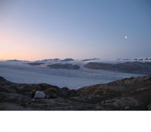 Courtesy of Meredith Nettles The giant ice field dwarfs a research camp at Kangerdlugssuaq Glacier.