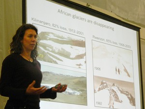 Jennifer Draper/MEDILL Meredith Kelly shows the reach of glaciers into Africa, new research she presented at the Comer Abrupt Climate Change Conference in Wisconsin.