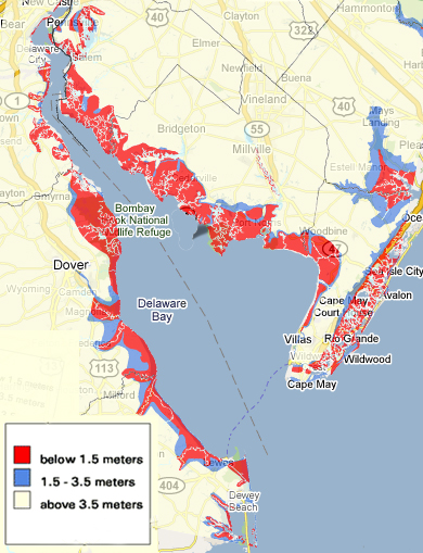 Maya Linson/MEDILL  Click above to see areas of the Delaware Bay that the EPA in 2001 determined would flood at various levels of sea-level rise.  Key: 1.5 meters = 59 inches 