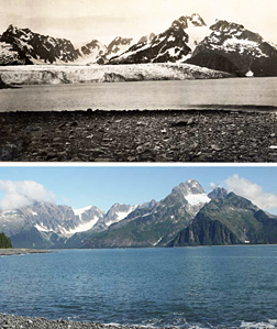 Courtesy of U.S. Geological Survey. Top: Northwestern glacier in a photograph taken by Ulysses S. Grant in 1909. Bottom: the same view in 2005, photo by Bruce F. Molnia.      Archives 1 grant northwestern glacier